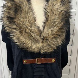 Michael Kors Faux Fur Trim Buckle Sweater Poncho (Navy Blue)